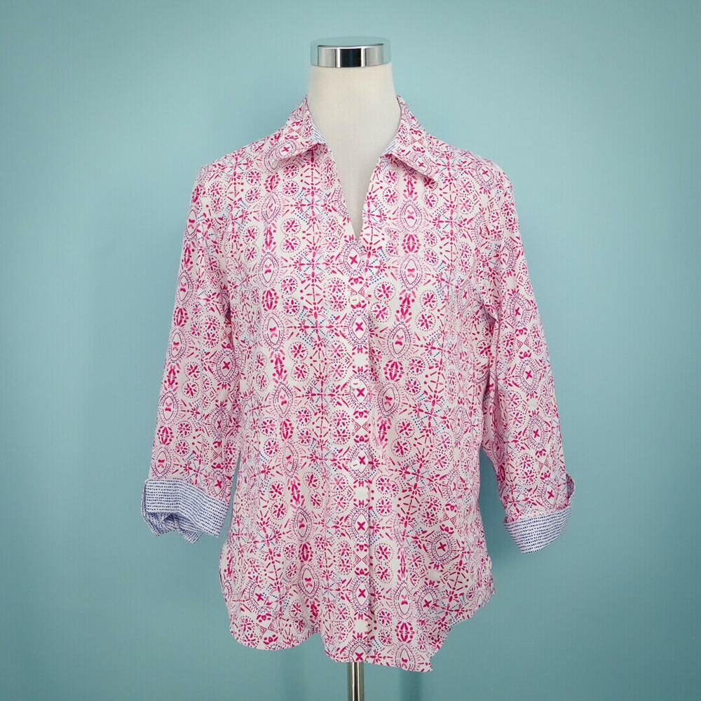Foxcroft Size Large L Button Down Floral Print Collared 3/4 Sleeve Easy Care Top